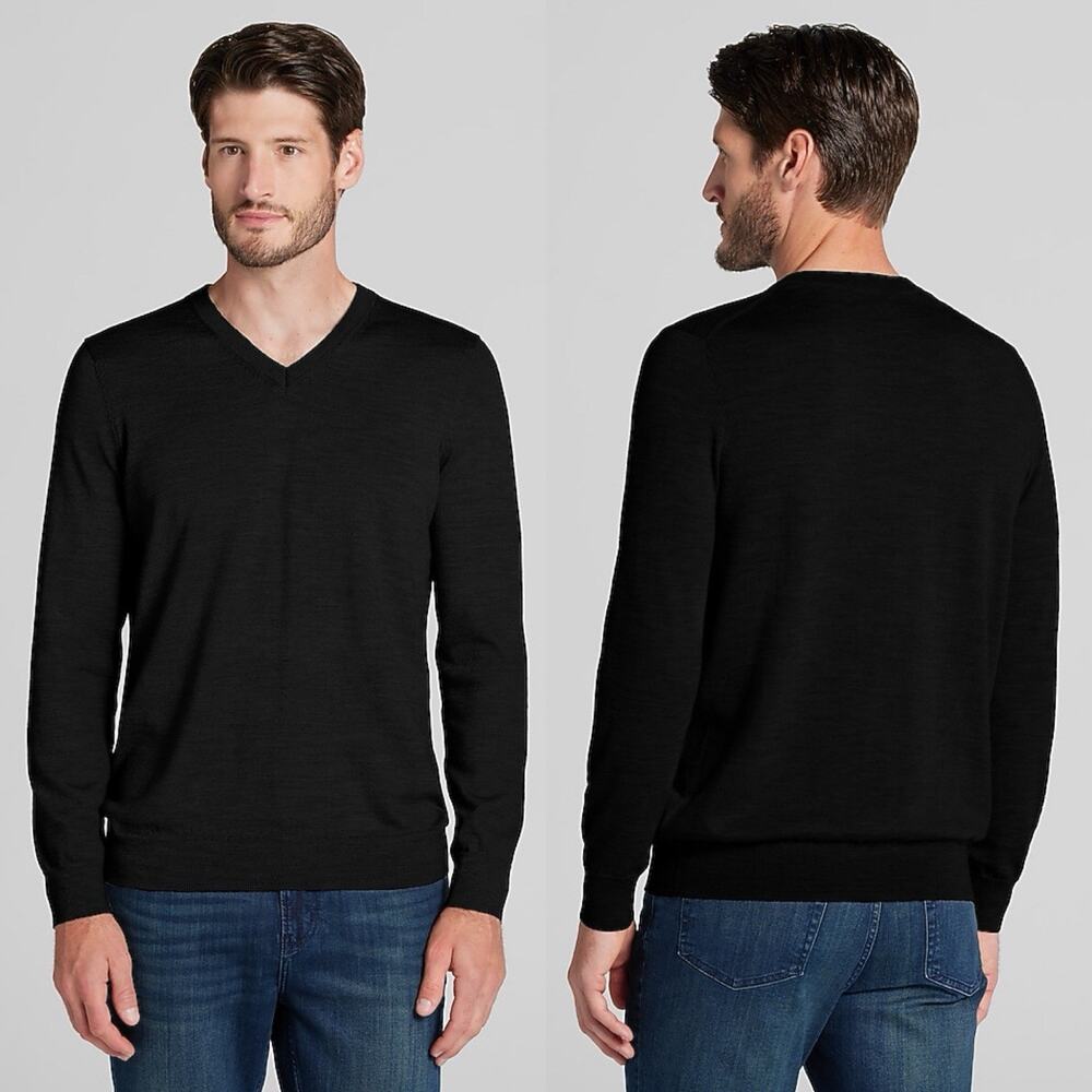 Jos A Bank Traveler V-Neck Sweater Mens L Merino Wool Travel Tech Black